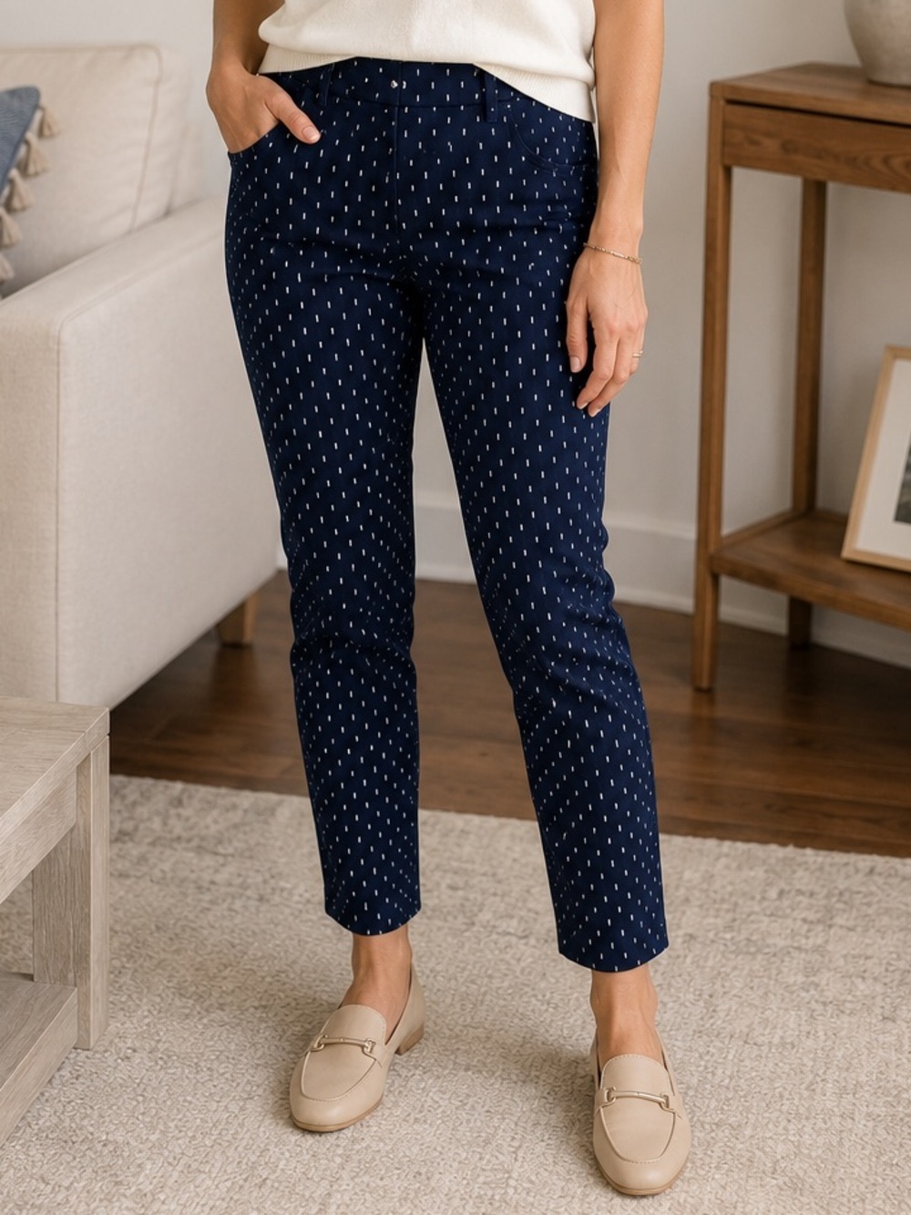 Talbots Petite 4P Navy Printed Ankle Pants Pull On Stretch Career Casual
